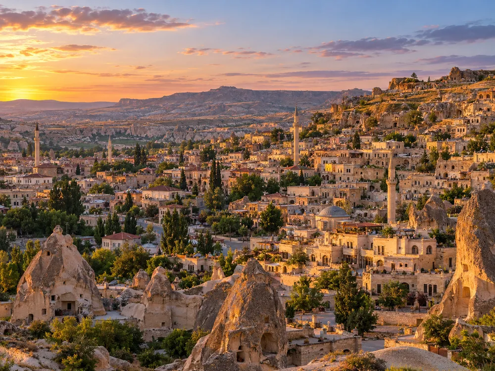 Akşam ışığında Ürgüp'ün taş evleri ve peri bacaları