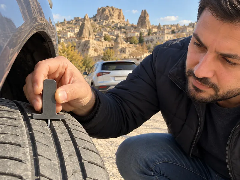 Lastik diş derinliğini ölçüm aletiyle ölçen el
