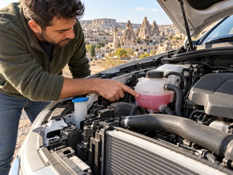 Motor soğukken genleşme kabındaki antifriz seviyesini kontrol eden kişi