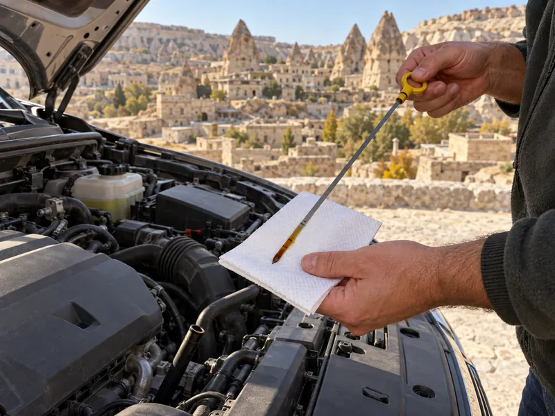 Motor yağ çubuğunu çekip yağ seviyesine bakan kişi