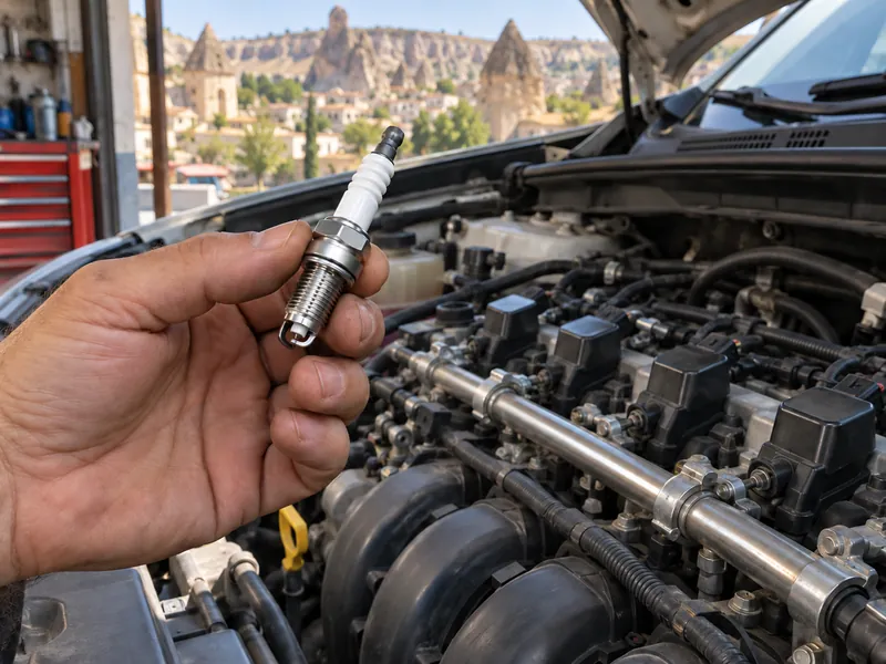 Açık motorun üzerinde yeni bir buji tutan el, ateşleme bobinleri görünüyor