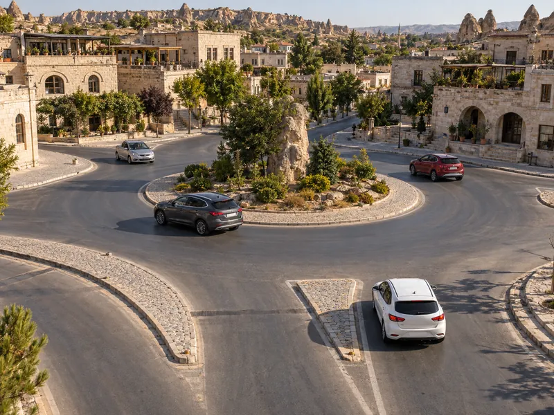 Ürgüp'te küçük bir dönel kavşak ve girişte yol veren araç, yukarıdan