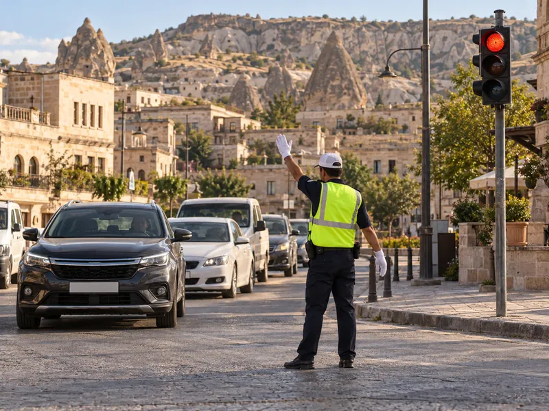 Trafik ışıklı kavşakta kolunu kaldırarak trafiği yöneten yelekli trafik görevlisi