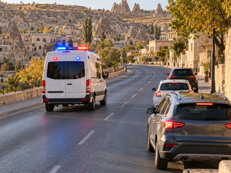 Işıklarını yakarak gelen ambulansa sağa çekilerek yol veren araçlar
